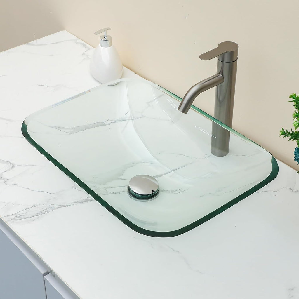 Bathroom Vessel Sink Tempered Glass Bowl Vessel Sink with Pop-up Drain Combo 20-1/4 x 14-1/2 Inch Transparent