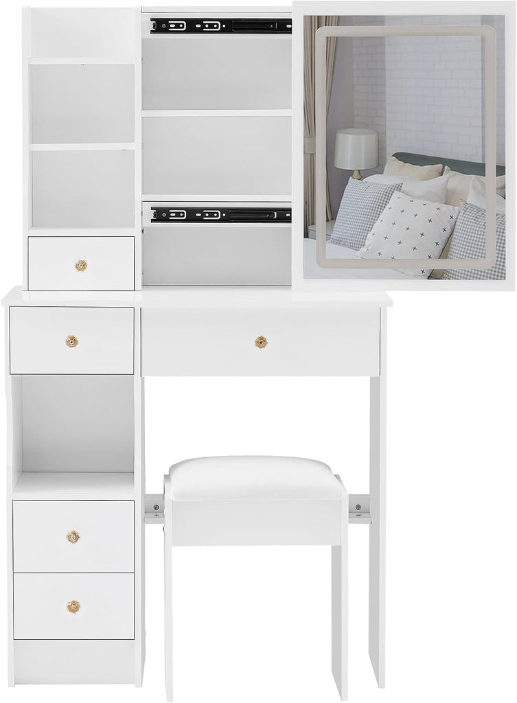 Vanity Desk with Lighted Mirror, 29.2" Makeup Vanity Table with Storage Drawers and Cushioned Stool, Compact Dressing