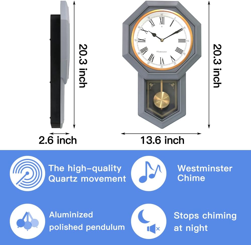 Plastic Pendulum Clock. Sturdy Gray Frame. Westminster Chime Every Hour,Elegant,Traditional Schoolhouse,Home,Office,Living Room,Bedroom.