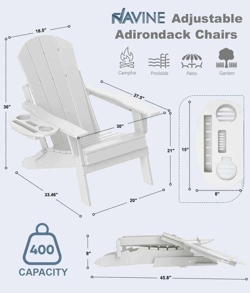 Adjustable Adirondack Chair with Cup Holder, HDPE, White | All-weather HDPE Outdoor Chair with Multifunctional Cup