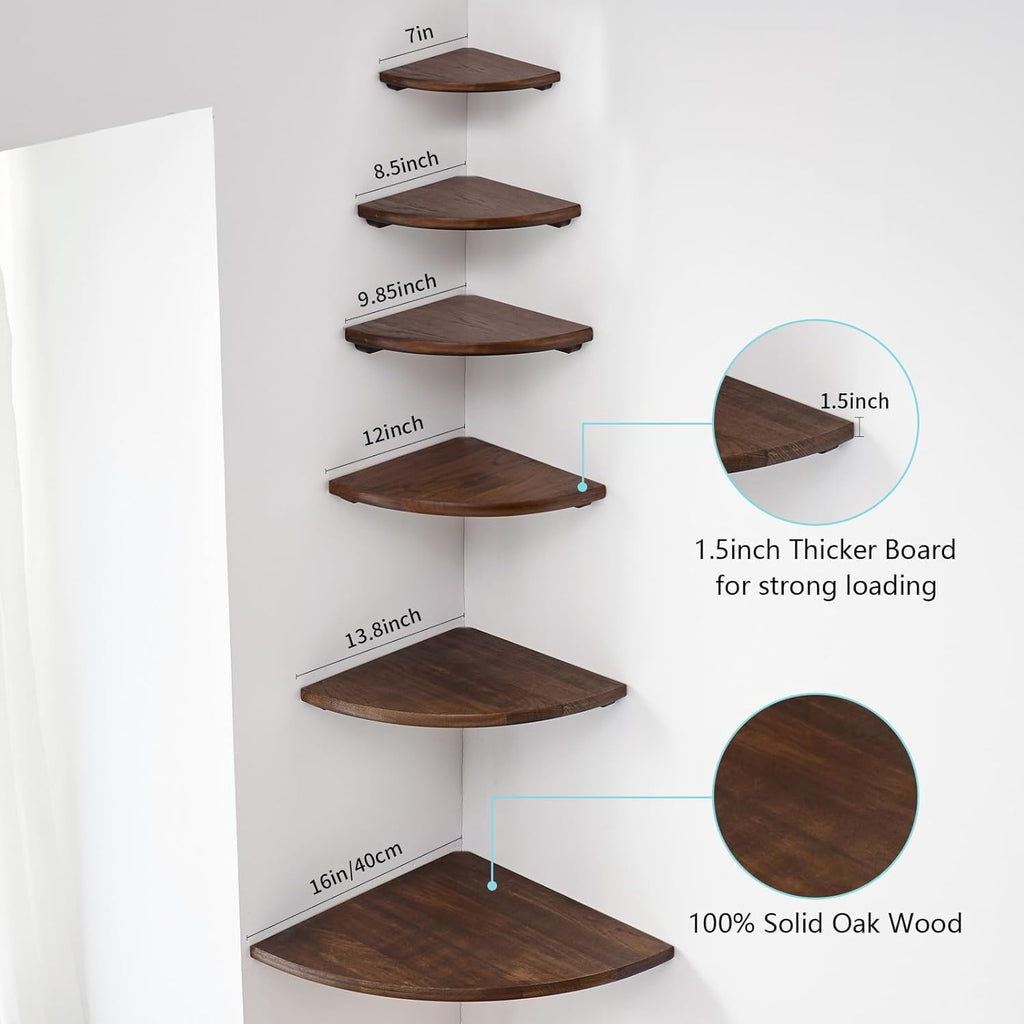 Corner Shelf, Solid Oak Wood Floating Corner Shelf Wall Mount Round End Floating Speaker with Wire Hole for Small