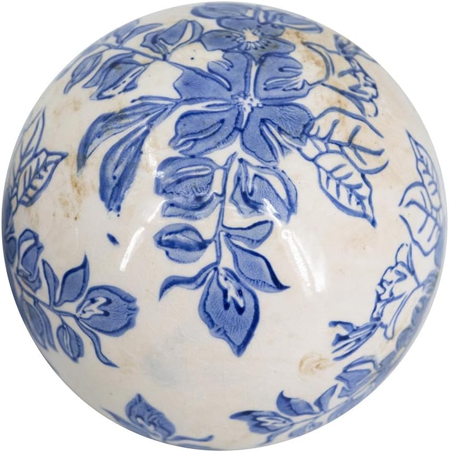 Set of 4 Ceramic Decorative Spheres - Handcrafted Blue and White Floral Orbs Decor, Tabletop Accent, Shelf Display