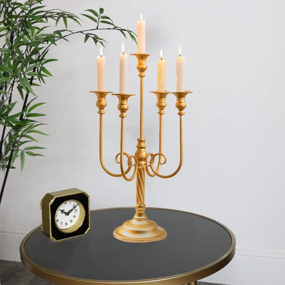 Metal Candelabra Gold Candle Stand 20in Tall, 5-Candle Candlestick Holder for Taper Candles, Candle Holder Party