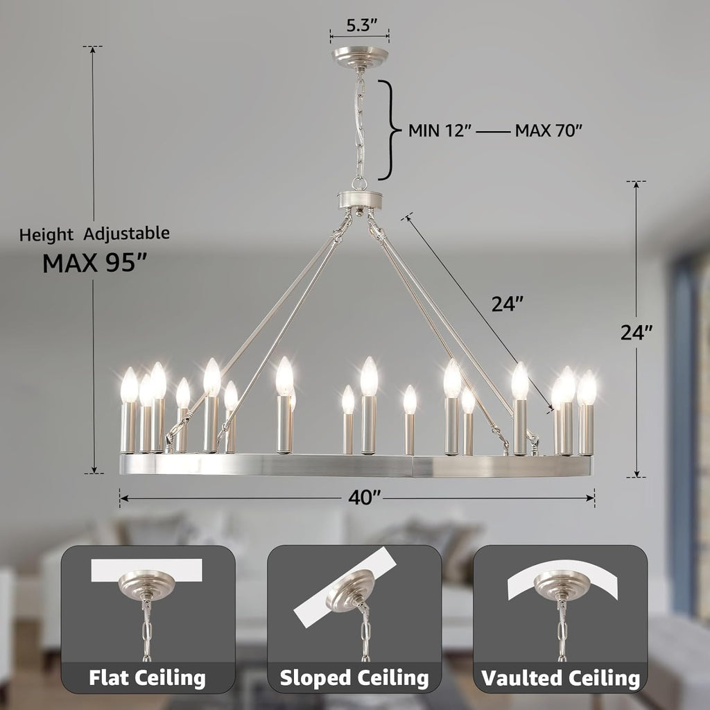 Inspired Camino Style Chandelier - Silver Wagon Wheel Chandelier 40", Farmhouse Brushed Nickel Chandelier for Dining Room 20-Light, Modern Round Living Room Chandeliers Light Fixture for Foyer, Entryway, E12