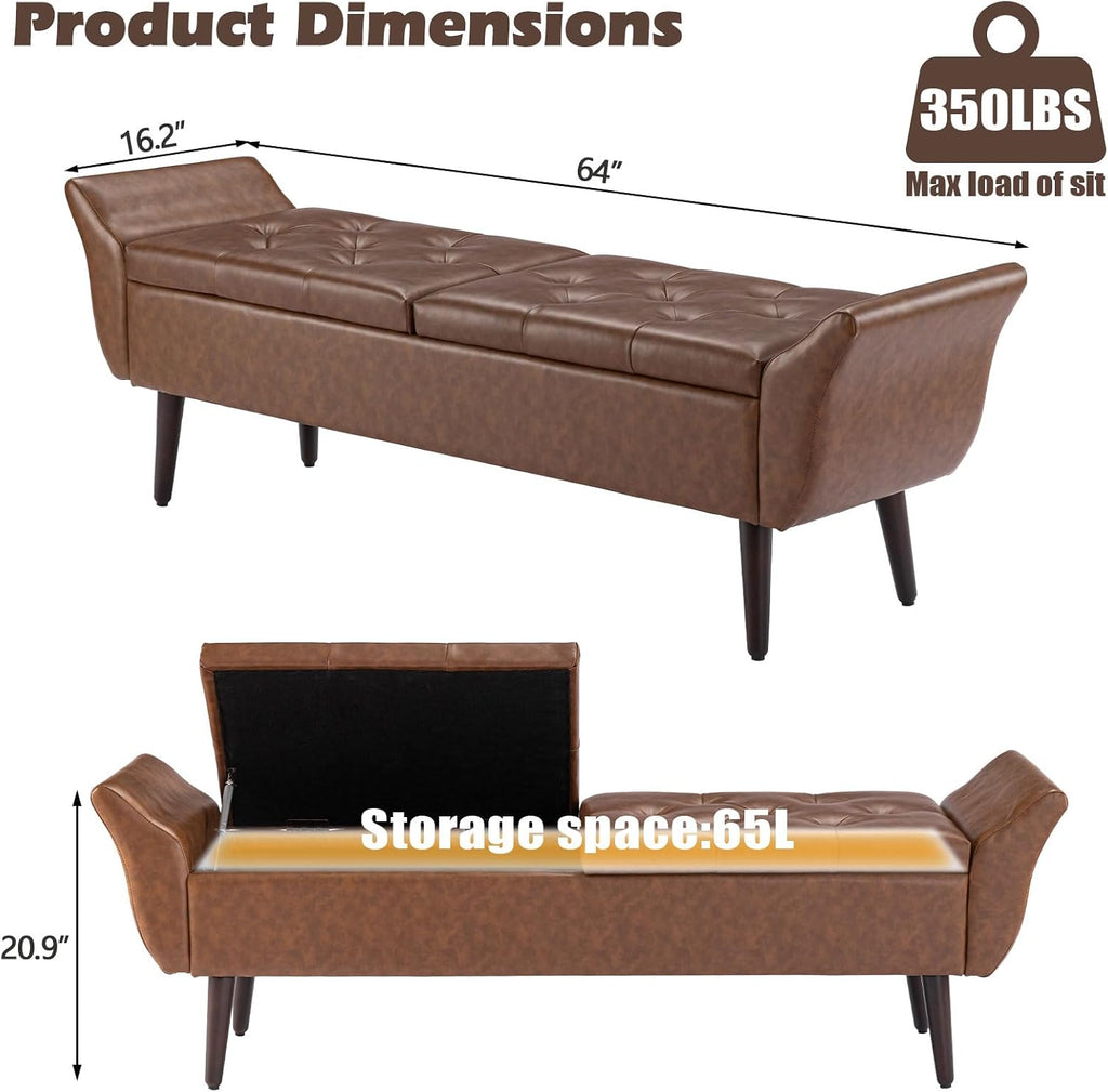 Storage Ottoman Bench 64'' Leather End of Bed Bench Easy-to-Assemble