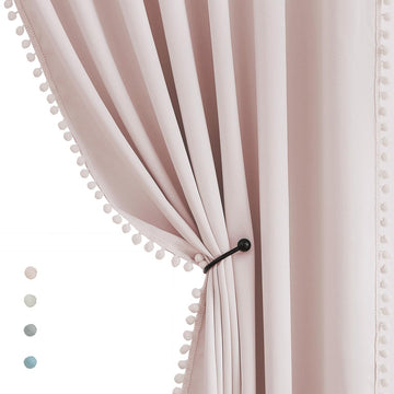 Pom Pom Curtains Pink Girls Room Blackout Window Drapes 63" Energy Efficient Thermal Insulated Living Room Darkening
