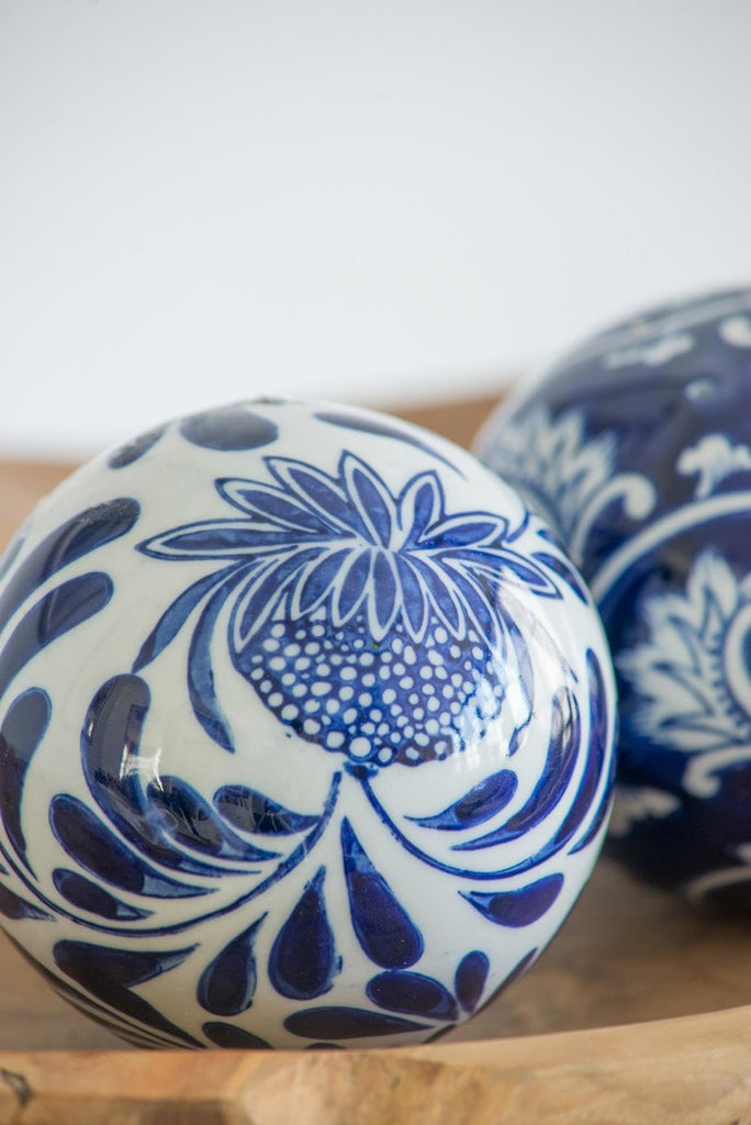 Set of 4 Porcelain Decorative Spheres - Handcrafted Traditional Blue and White Floral Orbs Decor, Tabletop Accent