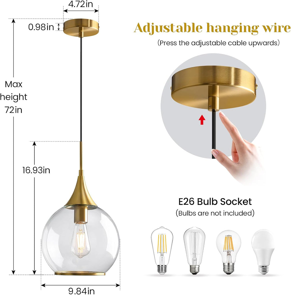 Pendant Lights Kitchen Island: Brushed Gold Light Fixture Farmhouse with Clear Glass - 10 Inch Mid Century Globe