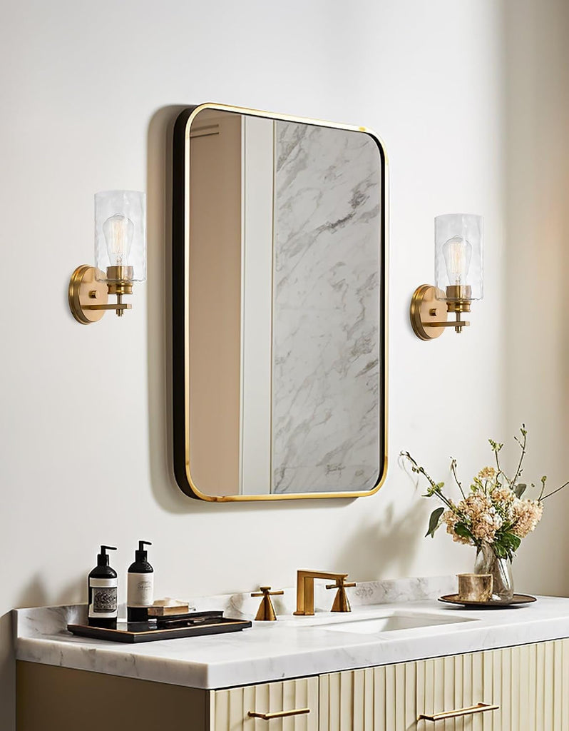 Phoebe 10" Modern Gold Wall Sconce with Hammered Glass Shade, Gold Wall Light with Water Glass Cylinder Shade, Cool