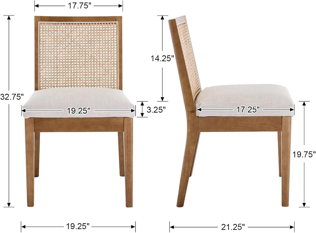 Farmhouse Rattan Dining Chairs Set of 4, Natural Solid Hardwood Frame, Upholstered Linen Seat, Ergonomic Cane Back