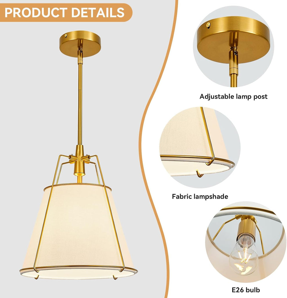 Modern Pendant Light Fixtures with 12" White Linen Fabric Shade, Adjustable Hanging Light Fixture,Drum Gold Vintage