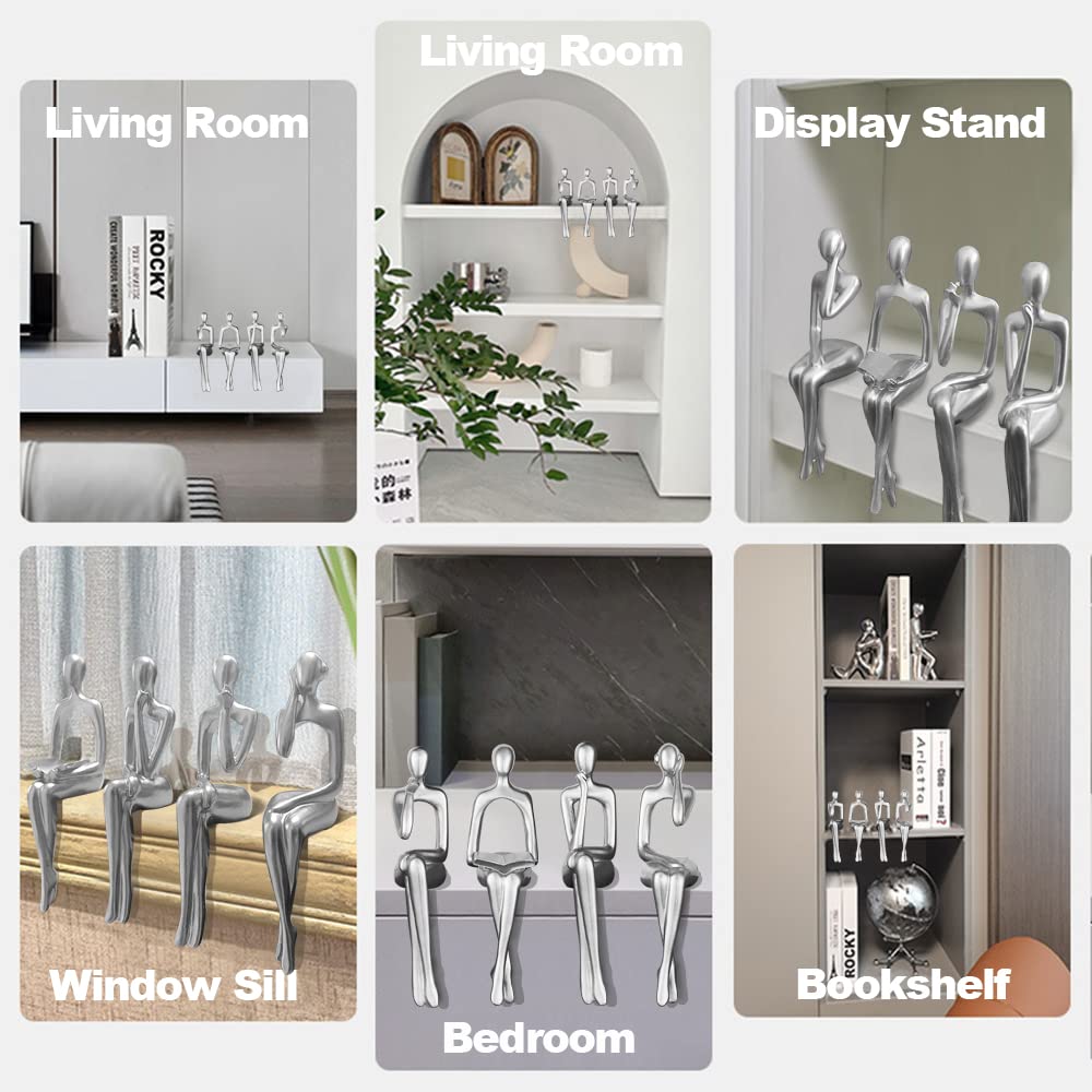 Silver Accent Decor Thinker Statuem, Statues Decorations Abstract Sitting Thinker Desk Sculpture Table Decor 4 Piece