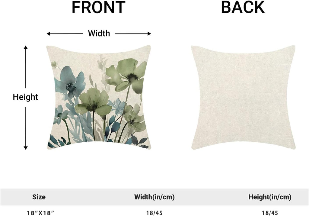 Spring Floral Pillow Covers 18x18 Inches Set of 2 Sage Green Blue Floral Throw Pillow Covers Outdoor Rustic Summer
