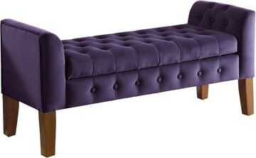 Velvet Tufted Storage Bench Settee with Hinged Lid, Purple 50" x 18" x 23"