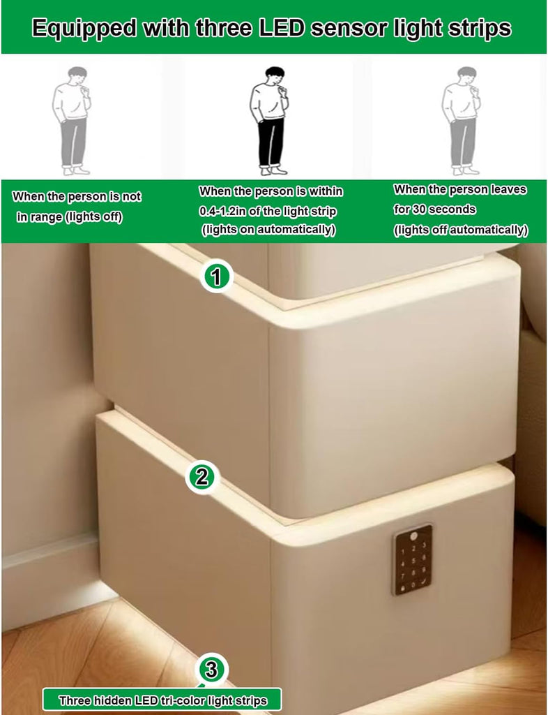 Smart Narrow Nightstand with 3 Drawers 11.8" W x 15.7" D x 25.2" H, Charging Nightstand, Modern Leather Bedside