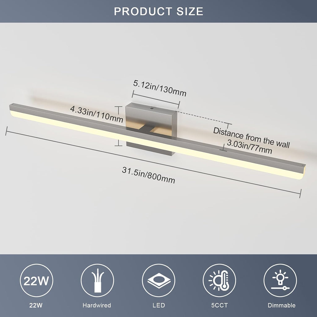 LED Modern Bathroom Light Fixtures 22W Brushed Nickel Vanity Lights Bar 5CCT Dimmable ixture Over Mirror Vanity Light
