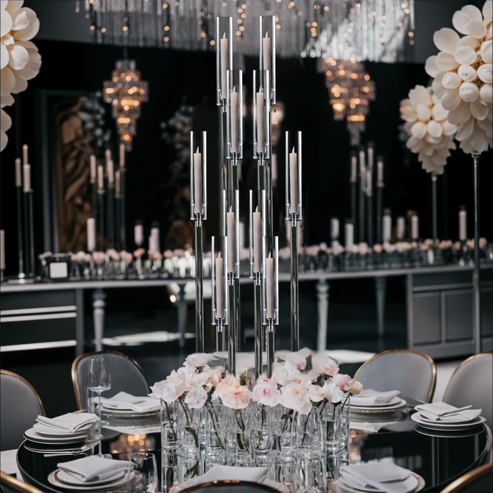 4 Sets 10 Arms Acrylic Candelabra Wedding Centerpiece,33.7Inches Floor Clear Candlesticks Holder with Acrylic Shade