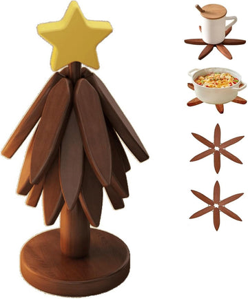 Trivets for Hot Dishes, Upgraded Foldable Wooden Coaster Set Walnut Wood Christmas Tree Trivet Stand Home Decoration