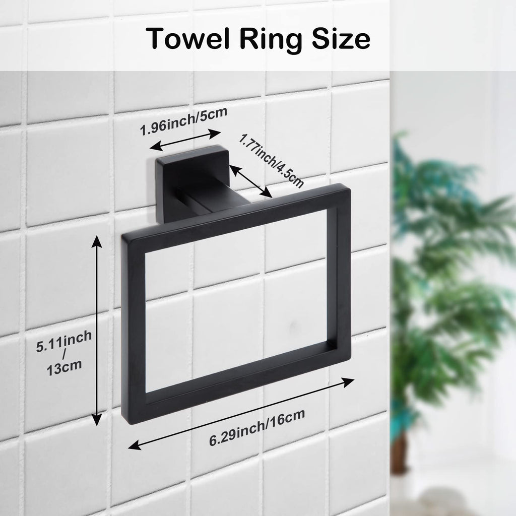 2-Piece Matte Black Square Towel Ring, Modern Hand Towel Holder, Stainless Steel Towel Hangers Wall-Mounted Bathroom