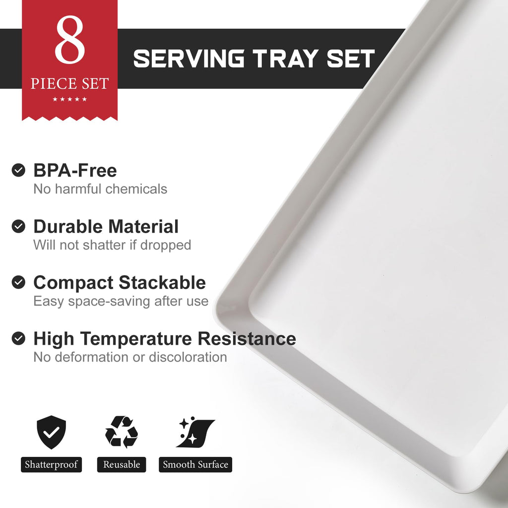 8 Pack, 16" x 11" Large White Serving Trays Set - Reusable Plastic Serving Platters for Cookie, Appetizer