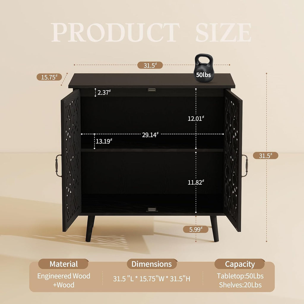 31.5" Small Black Accent Sideboard Buffet Cabinet with Storage, Vintage Storage Cabinet with Carved Wood Doors