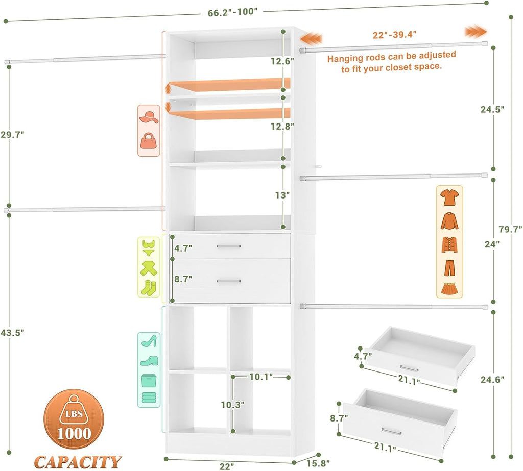 Closet System, 4-8 FT Closet Organizer Tower with 2 Wooden Drawers and Shelves, Can Fit 60 to 96 inch Walk-in Closet