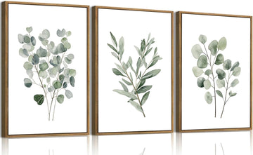 3 Piece Green Botanical Framed Wall Art Boho Eucalyptus Leaf Canvas Art Prints Watercolor Plant Pictures Wall Decor