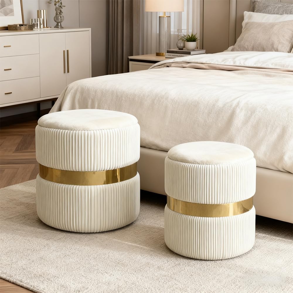 Round Ottoman with Storage Set of 2 Small Ottoman Coffee Table, Foot Stool, Vanity Chair, Removable Lid, Assembly