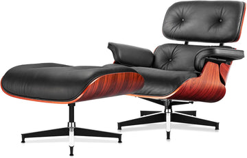 Mid-Century Modern Lounge Chair & Ottoman — Black Bonded Grain Leather, Rosewood Base, Tall Back