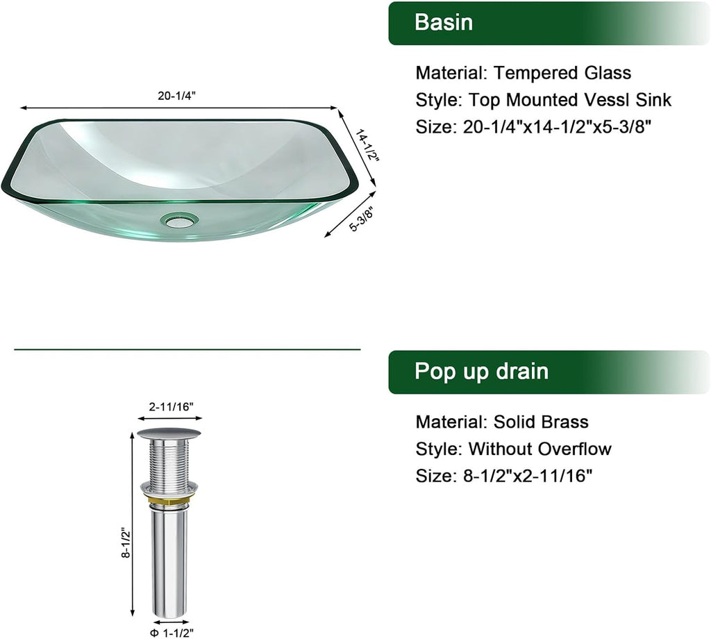 Bathroom Vessel Sink Tempered Glass Bowl Vessel Sink with Pop-up Drain Combo 20-1/4 x 14-1/2 Inch Transparent