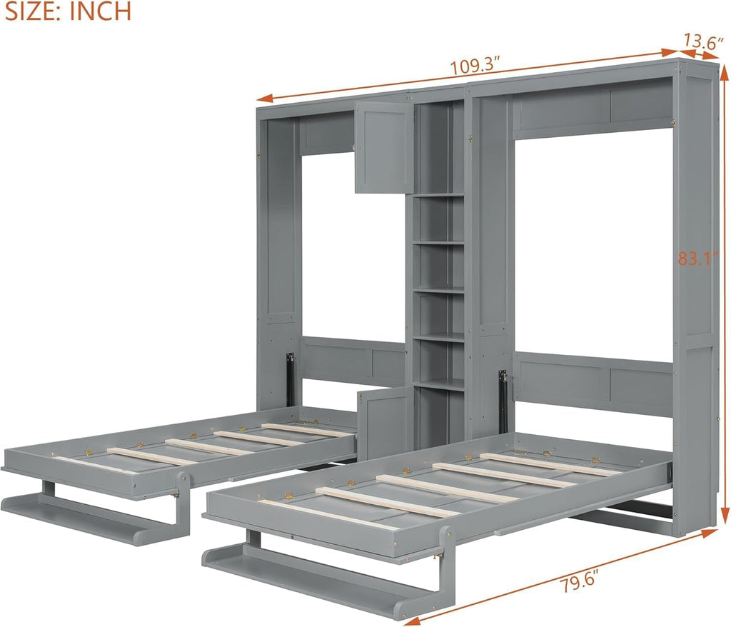 Dual Twin Murphy Beds with Storage Shelves and Cabinets, Pine Wood Space-Saving Hideaway Double Murphy Wall Beds with Storage,Support Legs and Slats