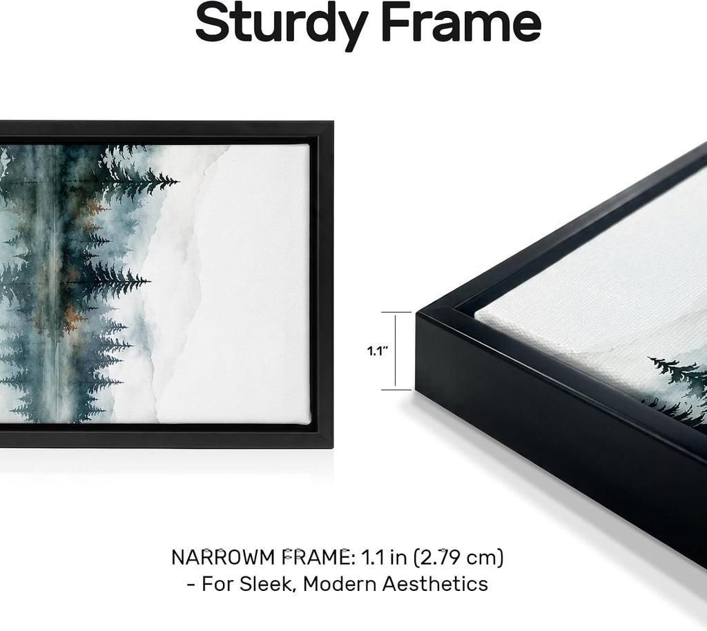 Framed Nature Mountain Wall Art, 3 Piece Forest Watercolor Canvas Prints, Misty Lake Landscape Pictures Bedroom