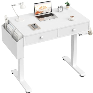 Small Electric Standing Desk with Drawers, 32 Inch, White