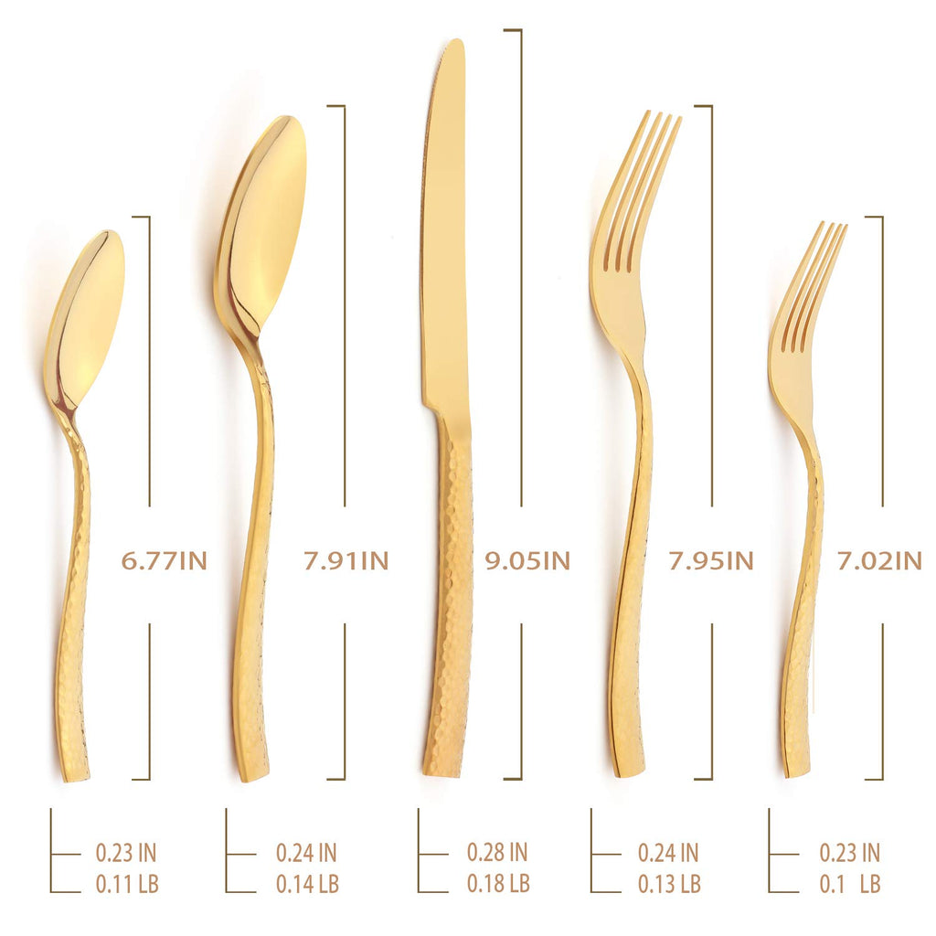 Silverware Set Flatware Set Gold Hammered 20 Pieces Service for 4