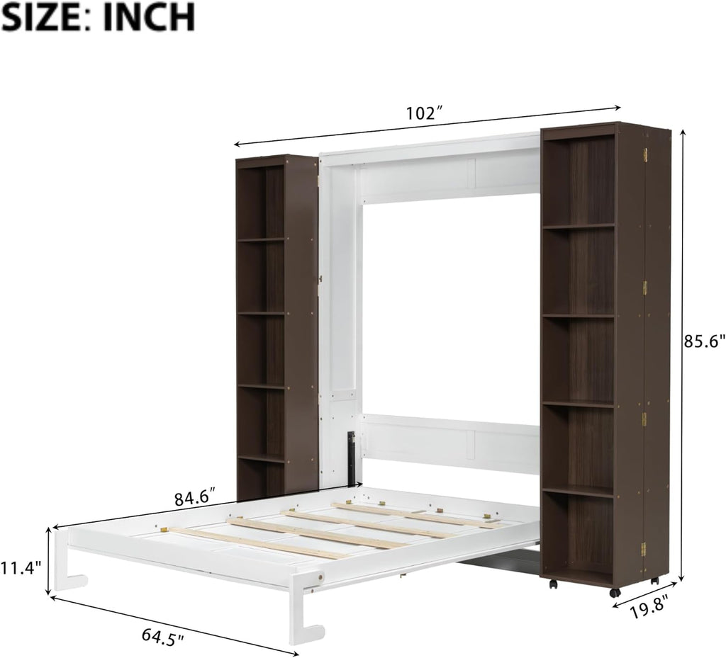 Folding Hidden Queen Murphy Bed Cabinet with Storage Bookcase Bookshelf, Wood Murphy Wall Bed with Storage Shelves