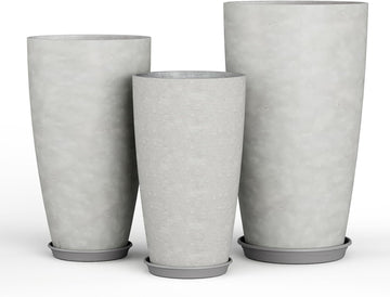 24, 21, 18 inch Tall Planters for Outdoor Plants, with Drainage Hole & Saucer, Set of 3 Tall Outdoor Planter for