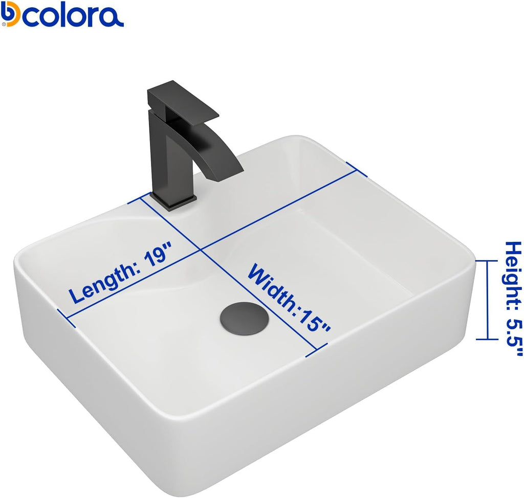 19 In. White Vessel Sink for Bathroom, Rectangular Above Counter Porcelain Ceramic Sink with Black Accessories