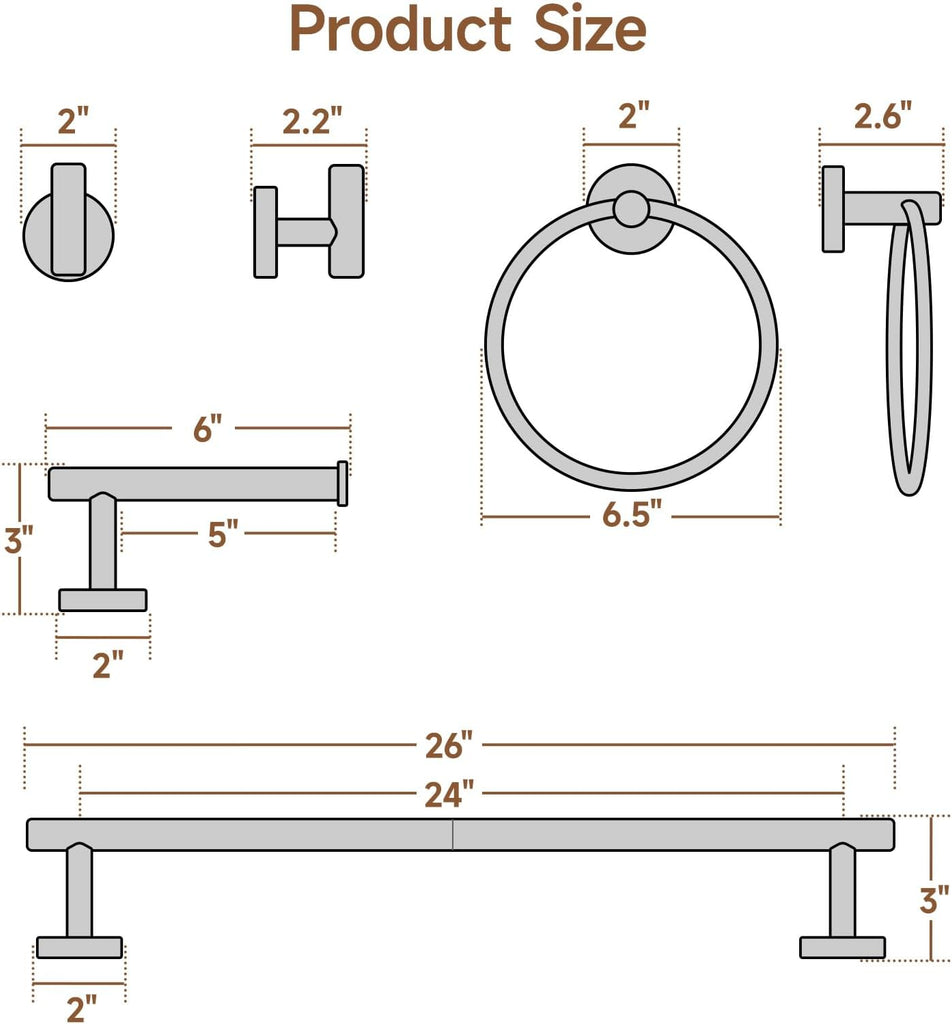 4PCS Matte Black Bathroom Accessories Set, 24-Inch Towel Bar Set | Durable SUS304 Stainless Steel Bathroom Hardware