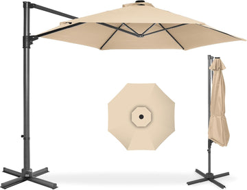 10ft Offset Cantilever Hanging Market Patio Umbrella, Smooth 360° Rotation, 8 Sturdy Ribs, Easy Adjustment - Sand