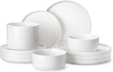 12 Pieces Porcelain Dinnerware Set, Modern White Dish Set for 4, Premium Serving Plates and Bowls Sets