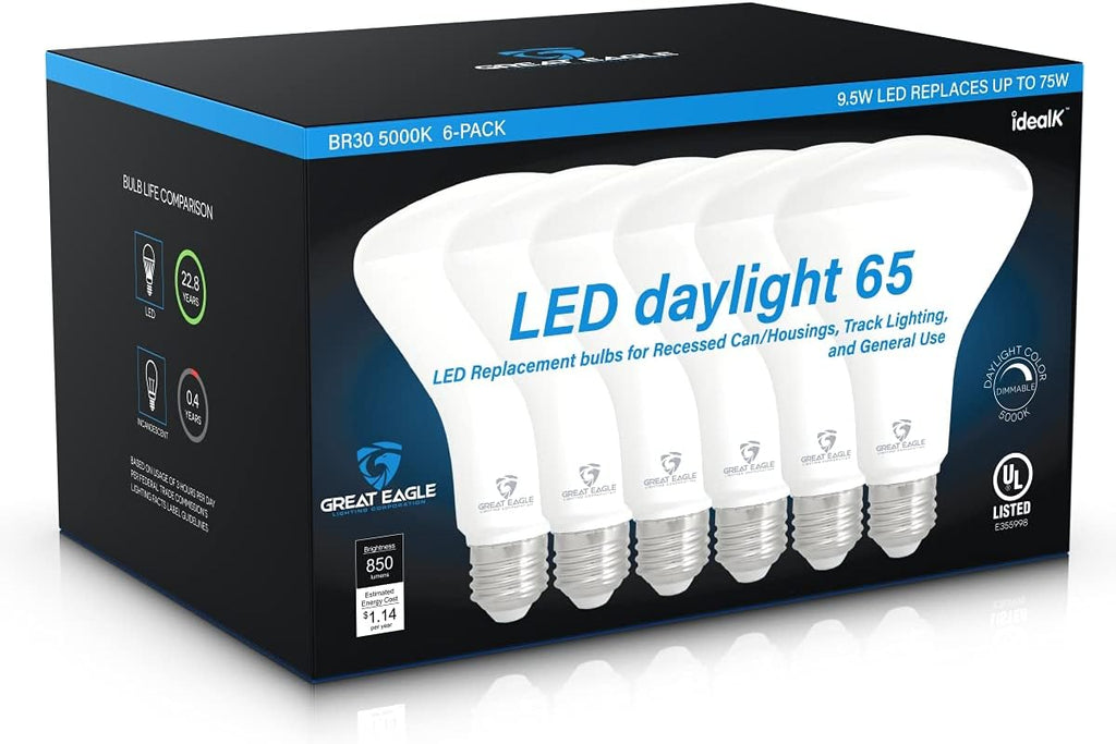 BR30 LED Light Bulb, 9.5W (75W Equivalent), Dimmable, 850 Lumens, 5000K Daylight, High CRI 90+, E26 Base, Indoor - Set of 6