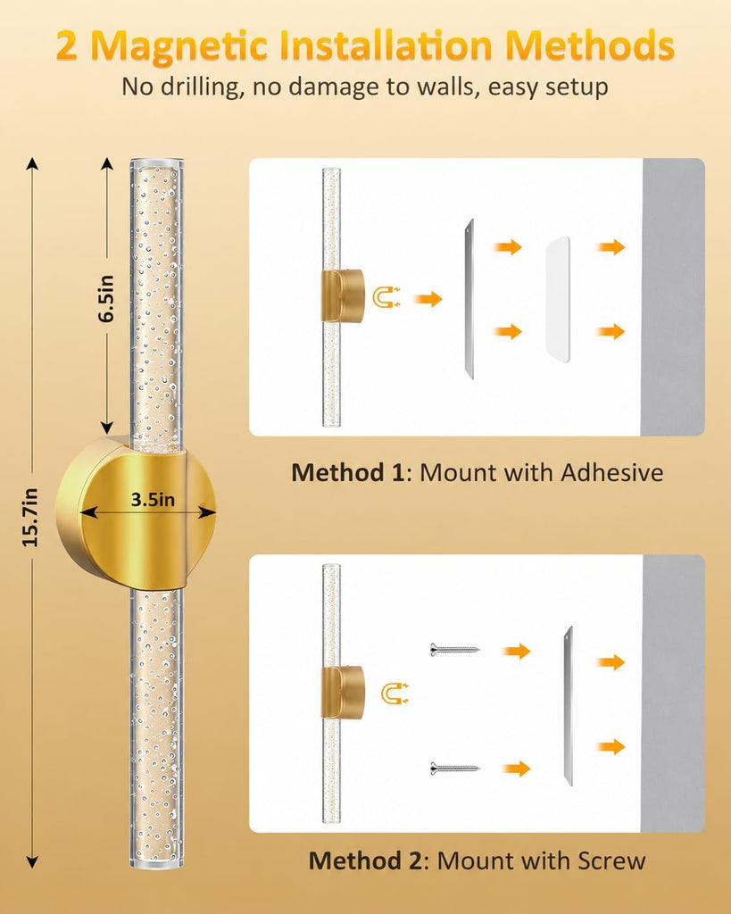 Peel and Stick on Wall Sconce set of 2 Wireless Battery Operated Wall Light | Rechargeable Gold No Drill Magnetic