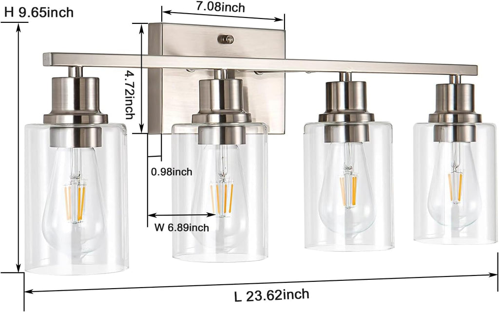 4-Light Bathroom Light Fixtures, Brushed Nickel Vanity Light with Clear Glass Shade, Modern Wall Sconce for Mirror