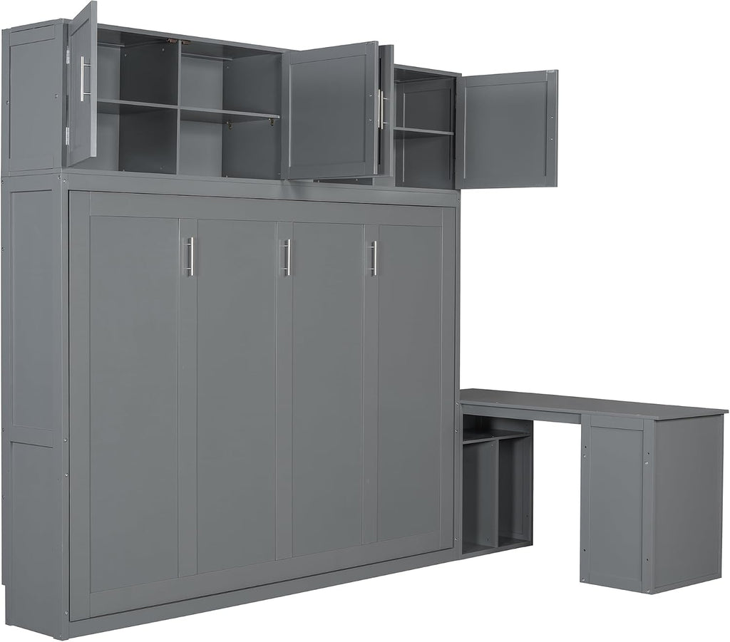 Queen Wall Murphy Bed with Desk and Storage Shelves and Big Cabinets for Guest Room, Bed Room, Guest Room, Home
