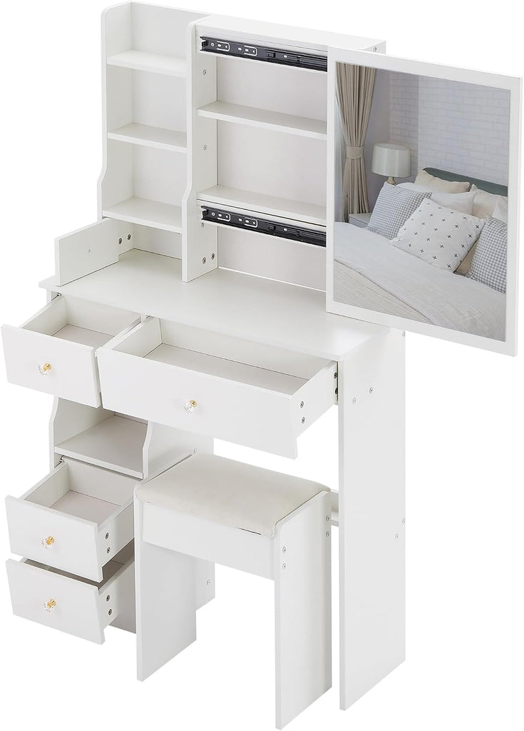 29.2" Small Space Makeup Vanity Table with Stool, Sliding Large Mirror Dressing Desk with Drawer Storage, Compact