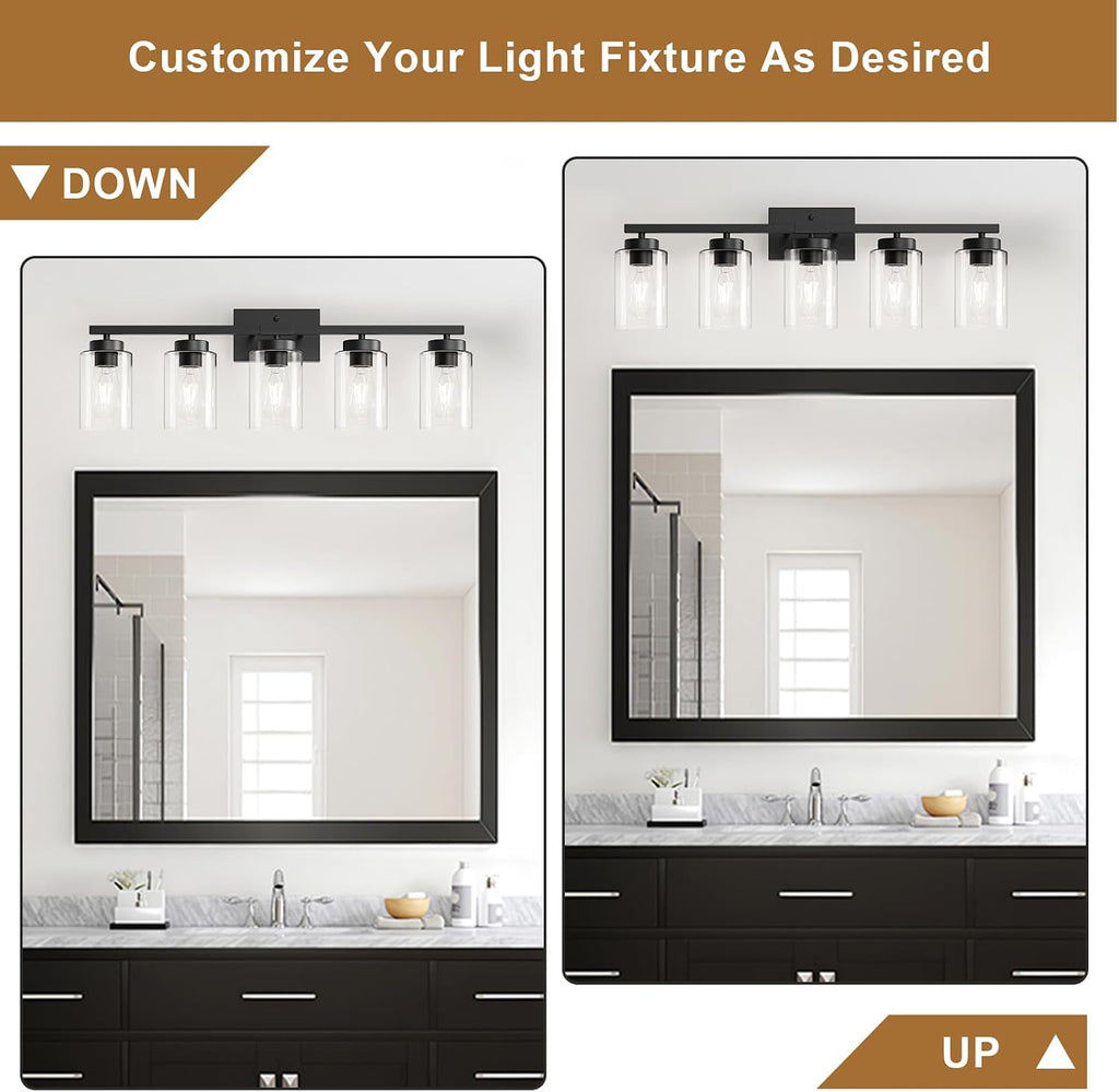 Modern Bathroom Light Fixtures, 5 Light Black Vanity Lights, Bathroom Lighting Fixtures Over Mirror with Clear Glass