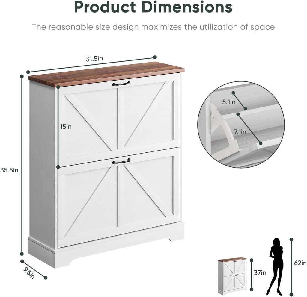 Shoe Cabinet, Shoe Storage Cabinet with 2 Flip Drawers, Narrow Farmhouse Shoe Organizer Cabinet, Slim Shoe Rack