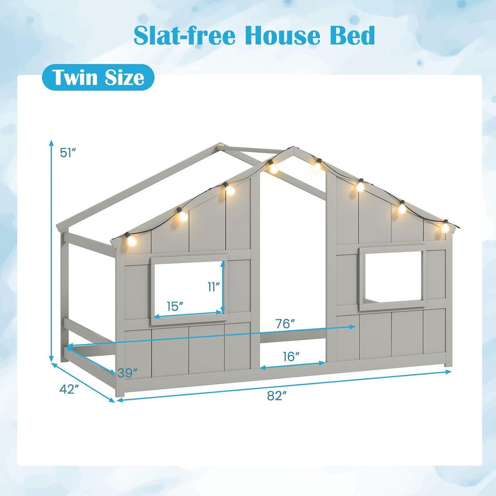 Twin Kids House Bed with Light Bulbs, Wooden Montessori Floor Bed Frame with Roof & Windows, Twin Floor Bed for Kids