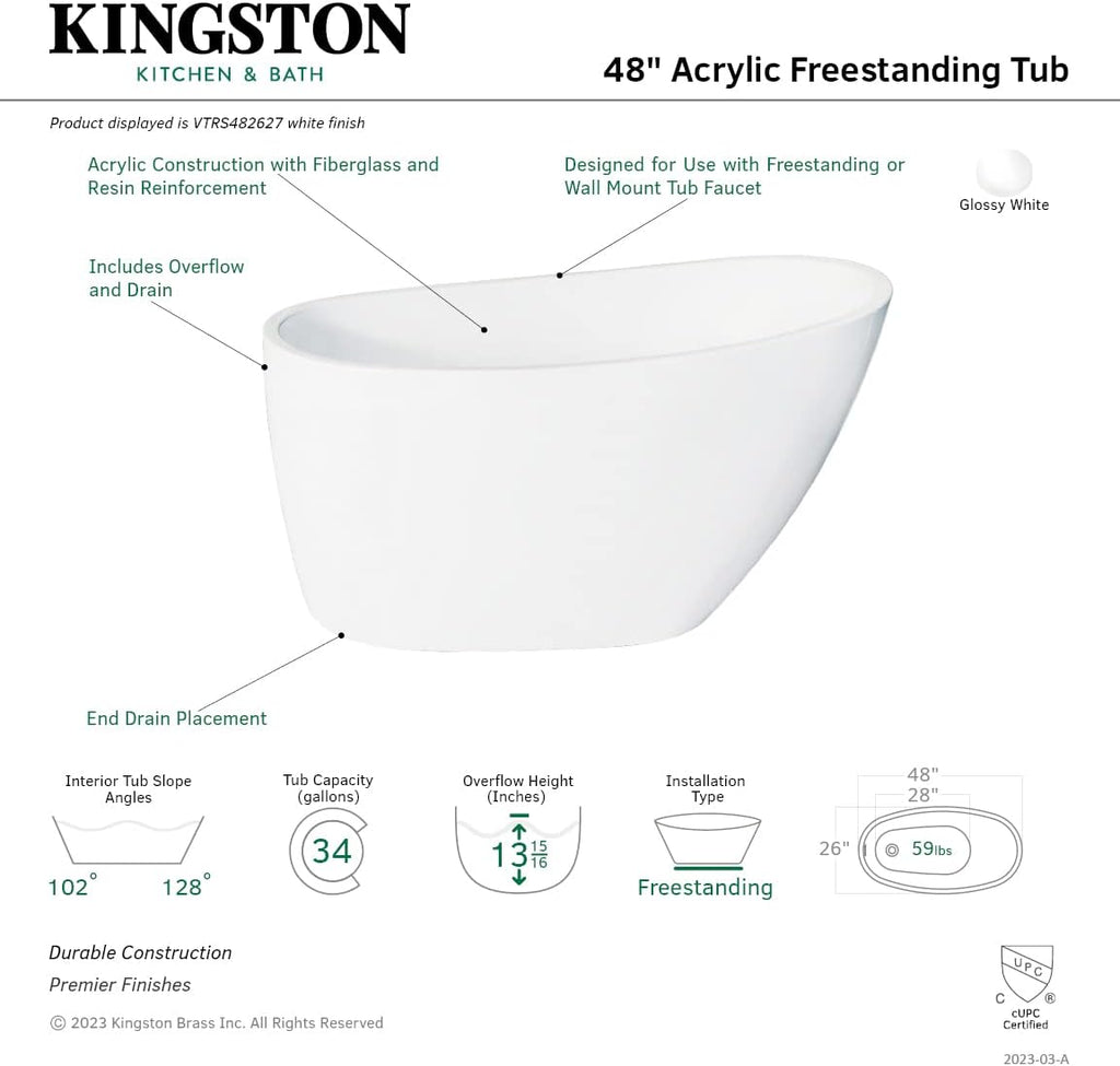 VTRS482627 48-Inch Acrylic Freestanding Tub with Drain, Glossy White