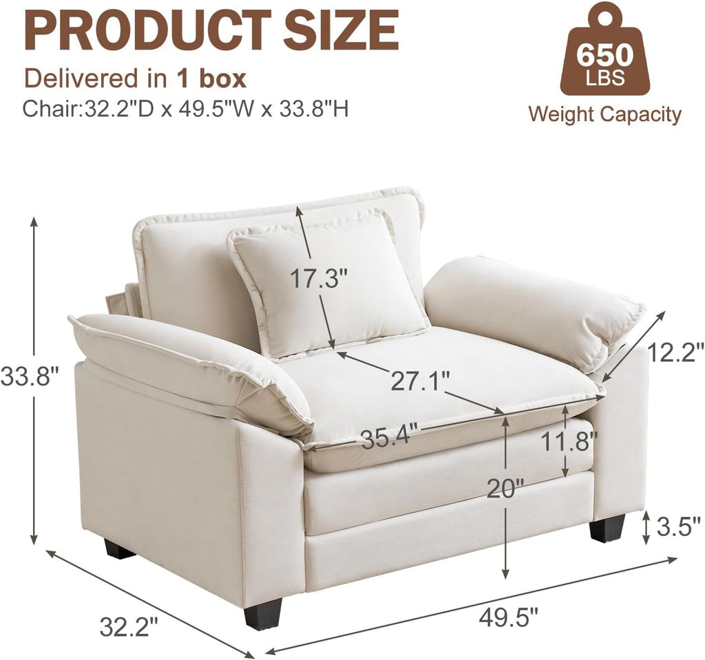 Oversized Accent Chair, Velvet Comfy Cloud Sofa Chair with Large Seat and Upholstered Armrests, Modern Extra Wide